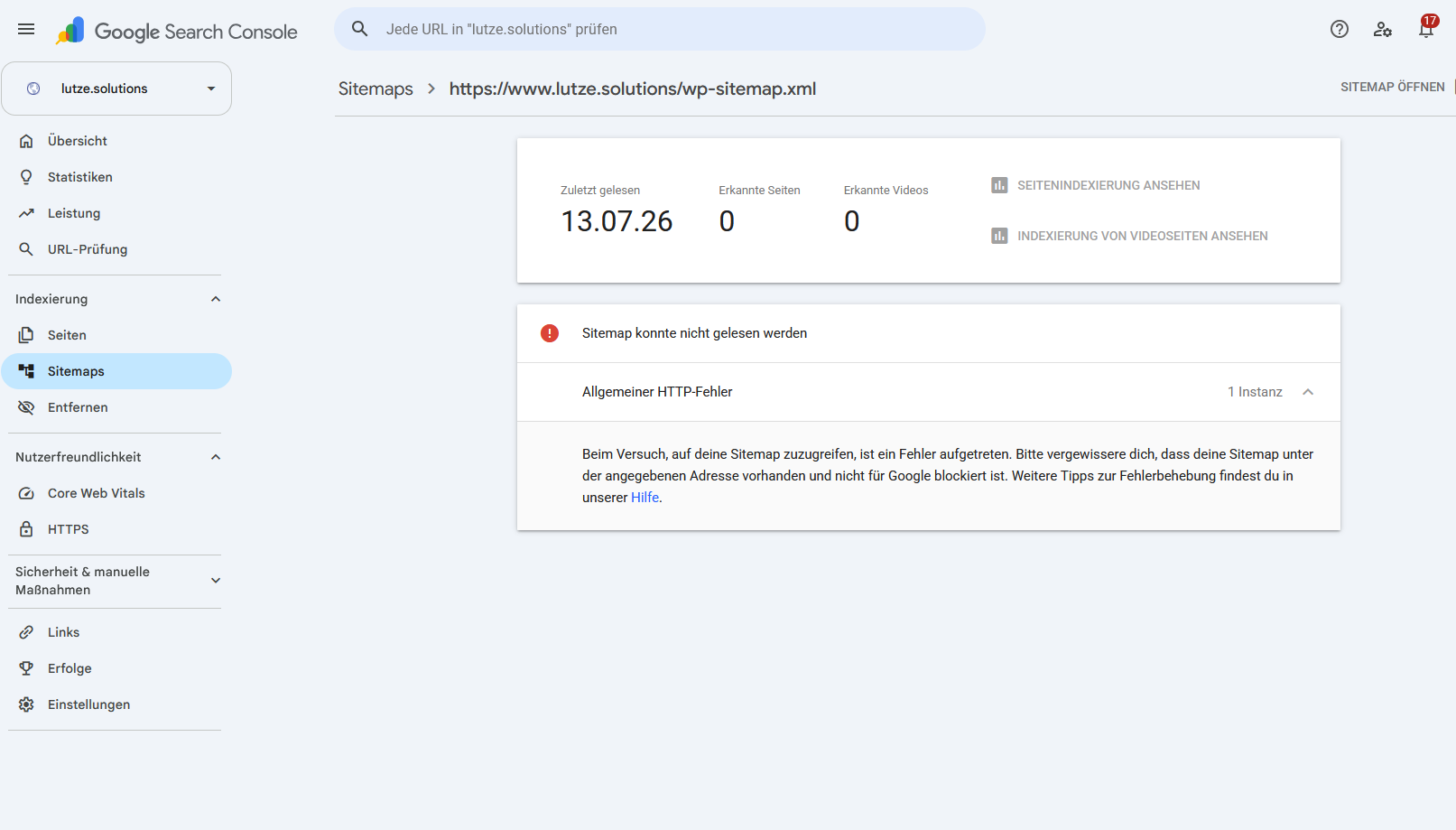 Google Search Console meldet einen allgemeinen HTTP-Fehler beim Lesen der WordPress-Sitemap