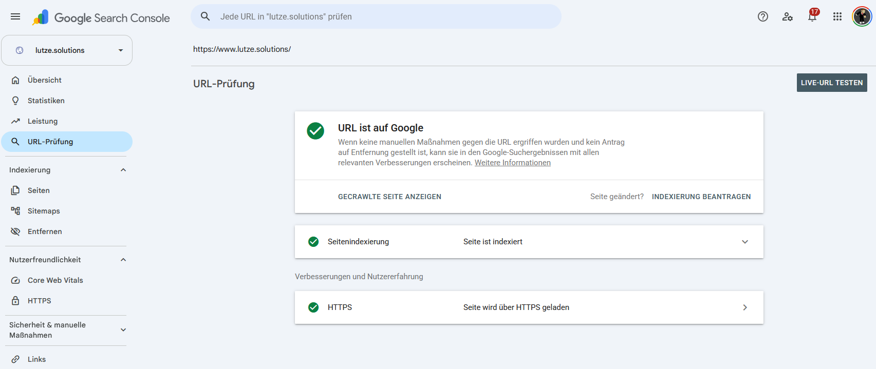 Google Search Console bestätigt, dass die URL auf Google ist
