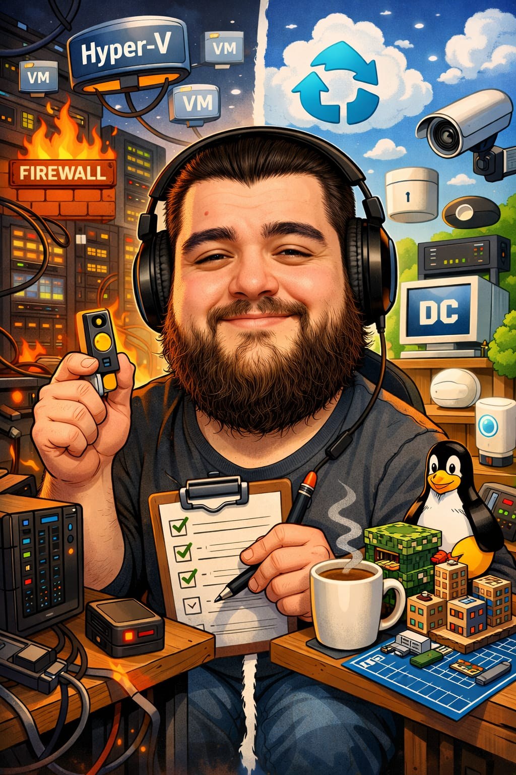 Illustration von Robin zwischen Homelab, Netzwerk und Smart Home